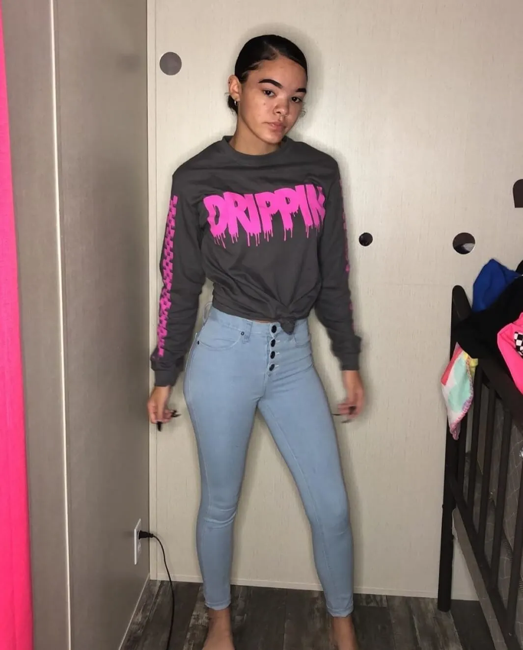 Pink Drippin | Smoky Long Sleeve Tee (Solid Checkered Drippin Sleeve)