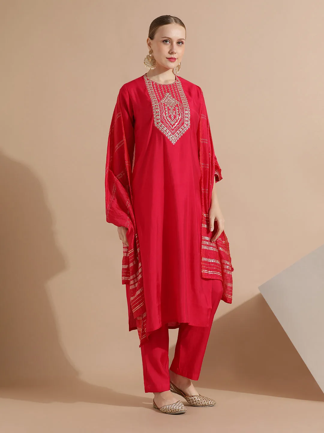 Pink Festive Embroidered Kurta Set With Embellished Dupatta