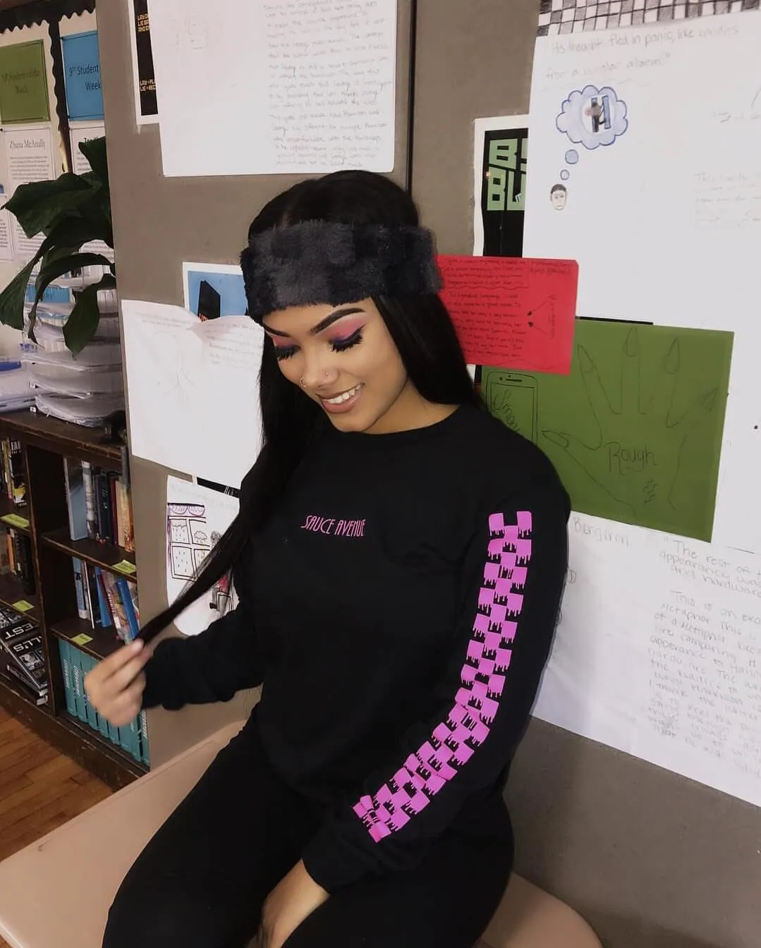 Pink SA | Black Long Sleeve Tee (Solid Checkered Drippin Sleeves)
