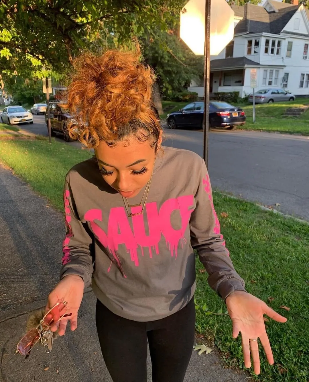 Pink Sauce | Smoky Long Sleeve Tee (Solid Checkered Drippin Sleeve)