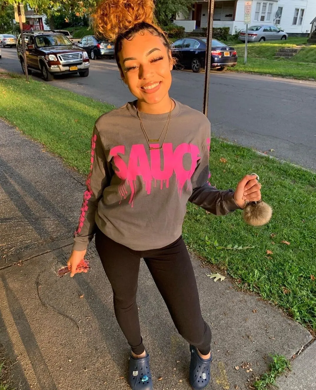 Pink Sauce | Smoky Long Sleeve Tee (Solid Checkered Drippin Sleeve)