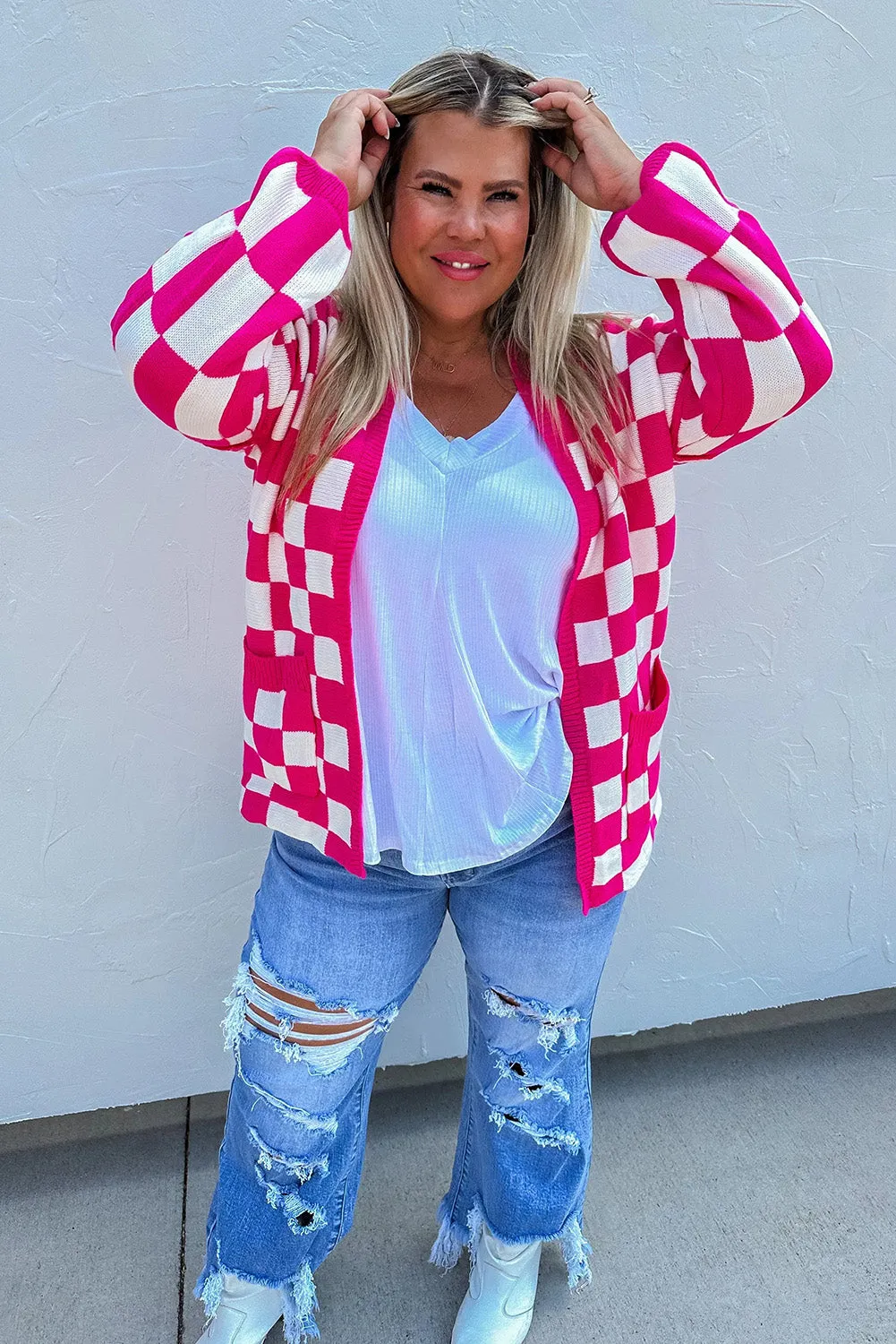 Pirouette Checkered Pattern Open Front Plus Size Cardigan