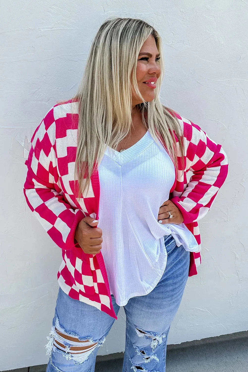 Pirouette Checkered Pattern Open Front Plus Size Cardigan