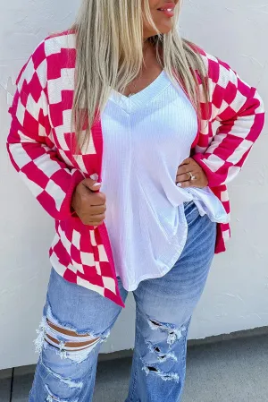Pirouette Checkered Pattern Open Front Plus Size Cardigan