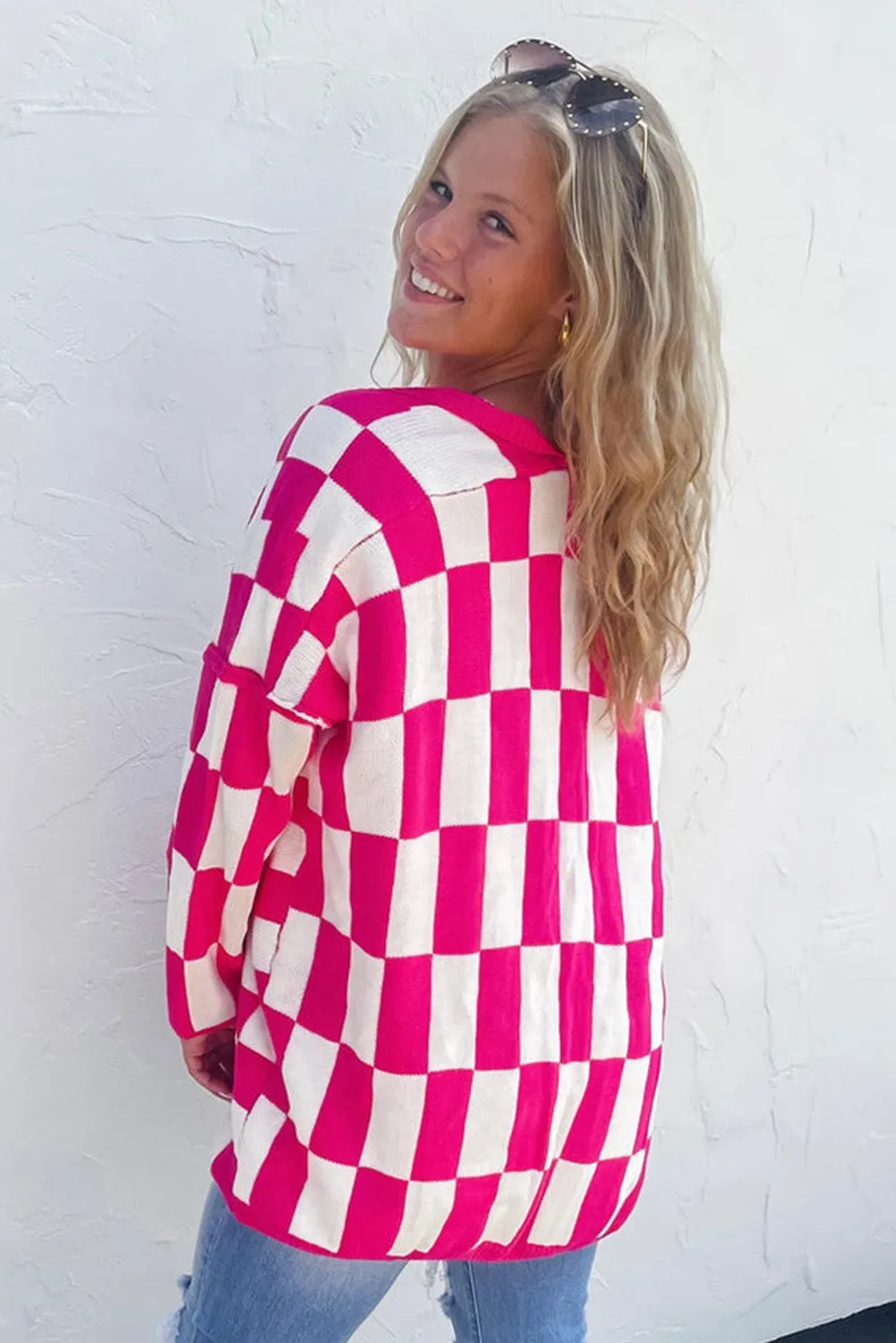 Pirouette Checkered Pattern Open Front Plus Size Cardigan