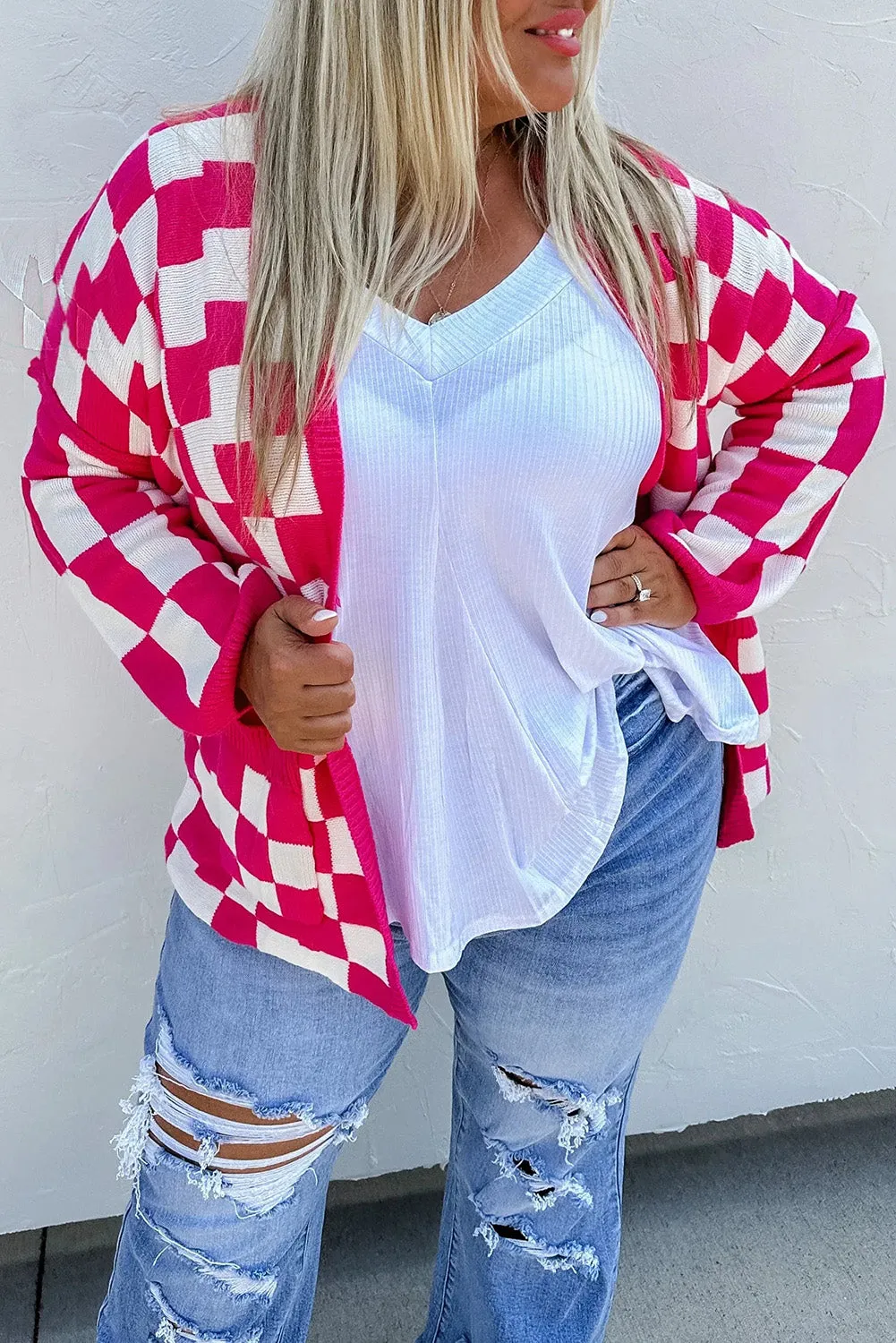 Pirouette Checkered Pattern Open Front Plus Size Cardigan
