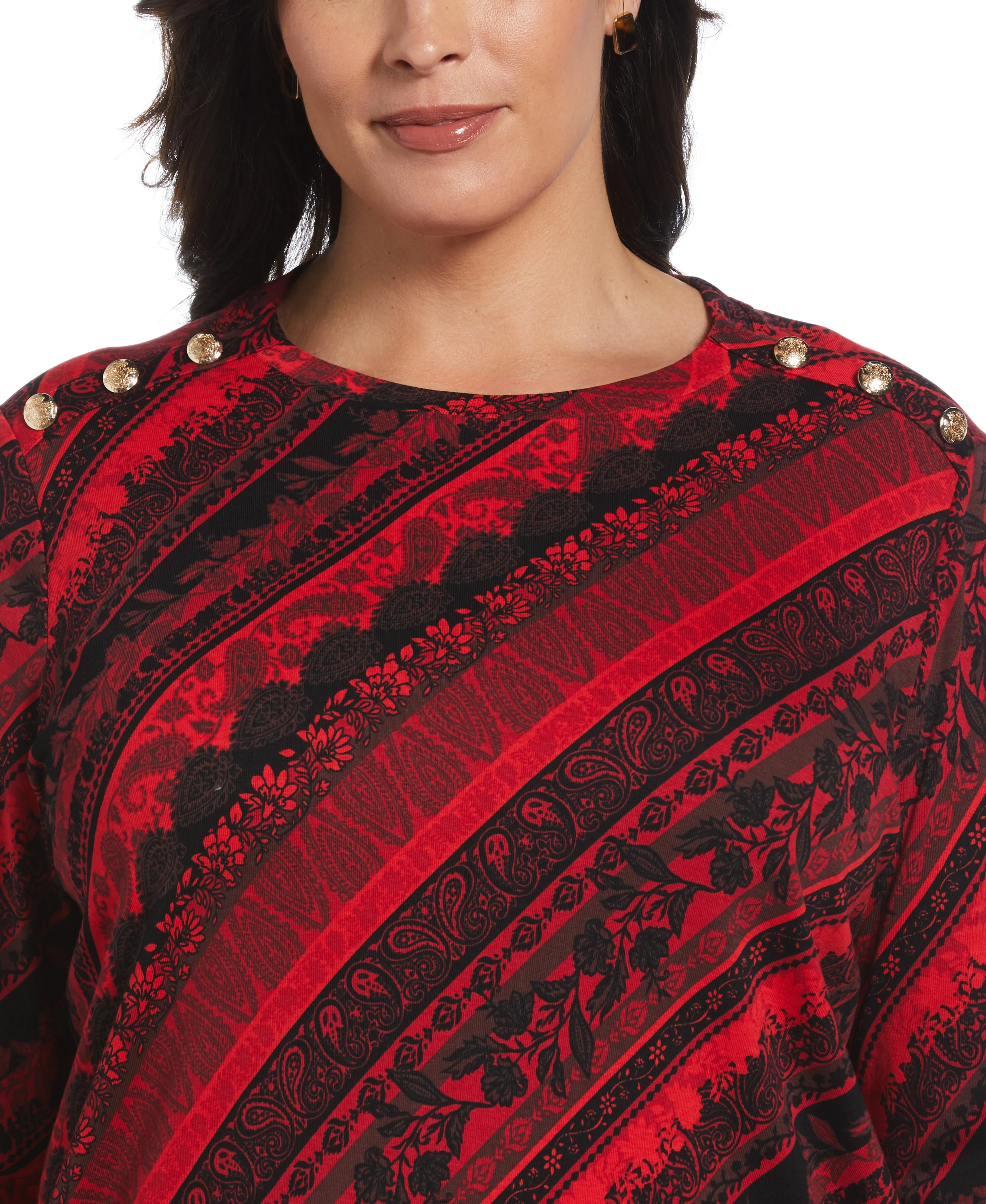 Plus Size Paisley Stripe Button Detail Top