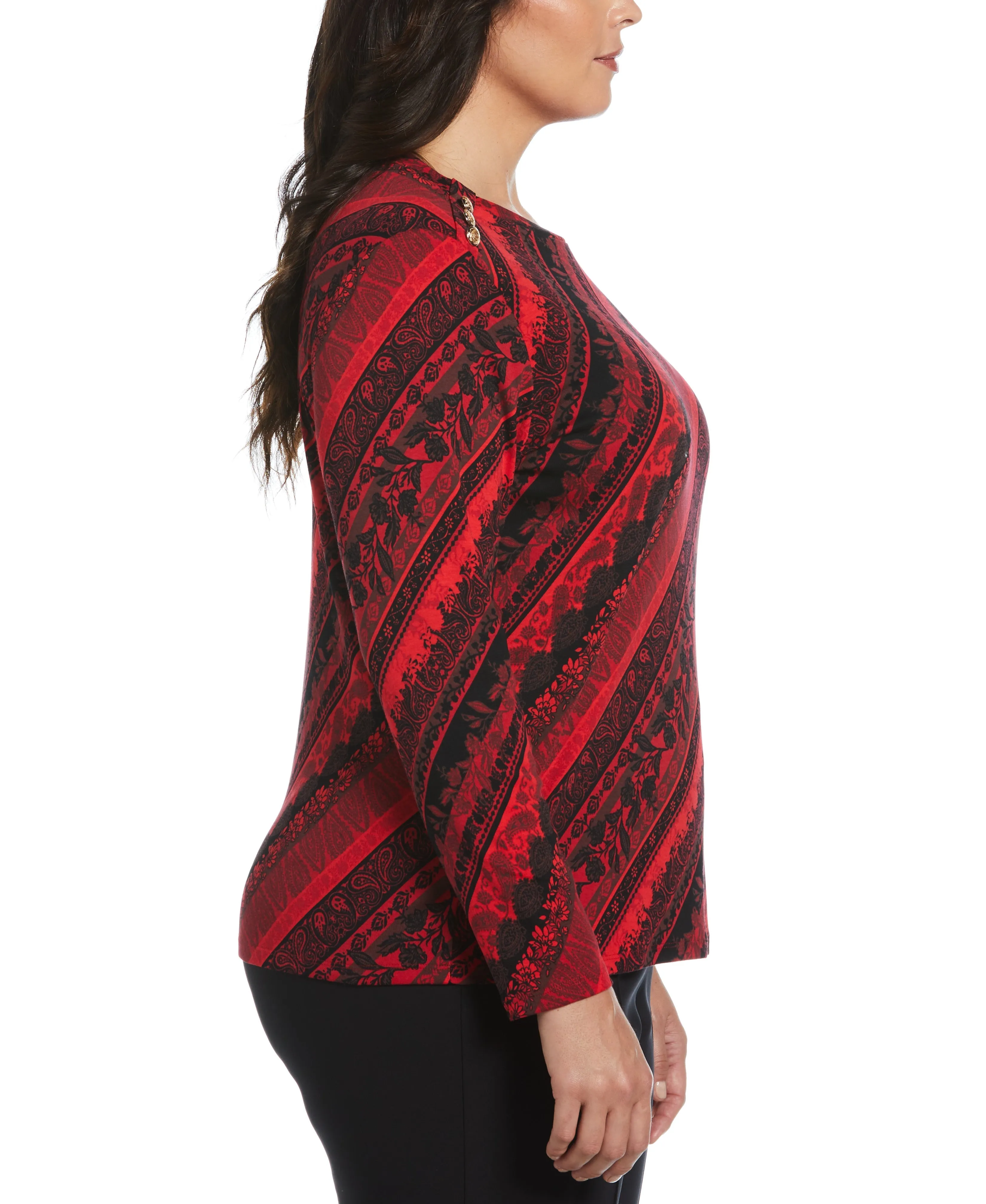 Plus Size Paisley Stripe Button Detail Top