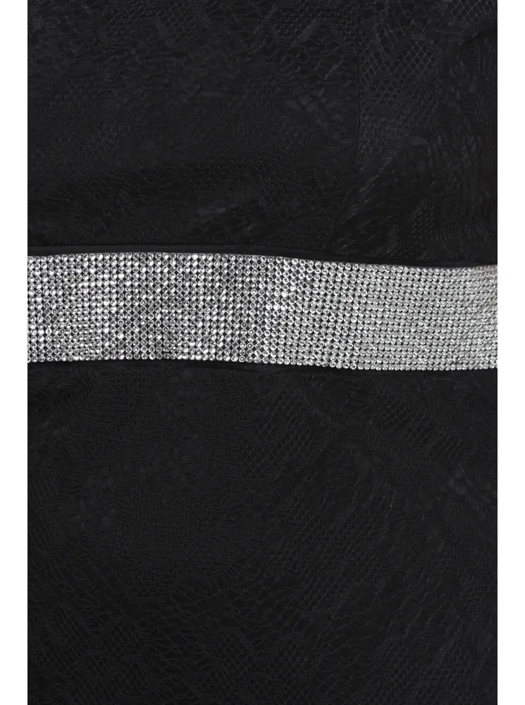 Plus Size Ravishing Rhinestone Floral Lace Black Dress