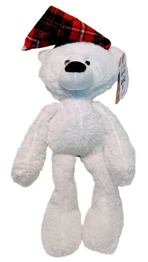 Plush Holiday White Wooly Bear with Red Plaid Christmas Hat