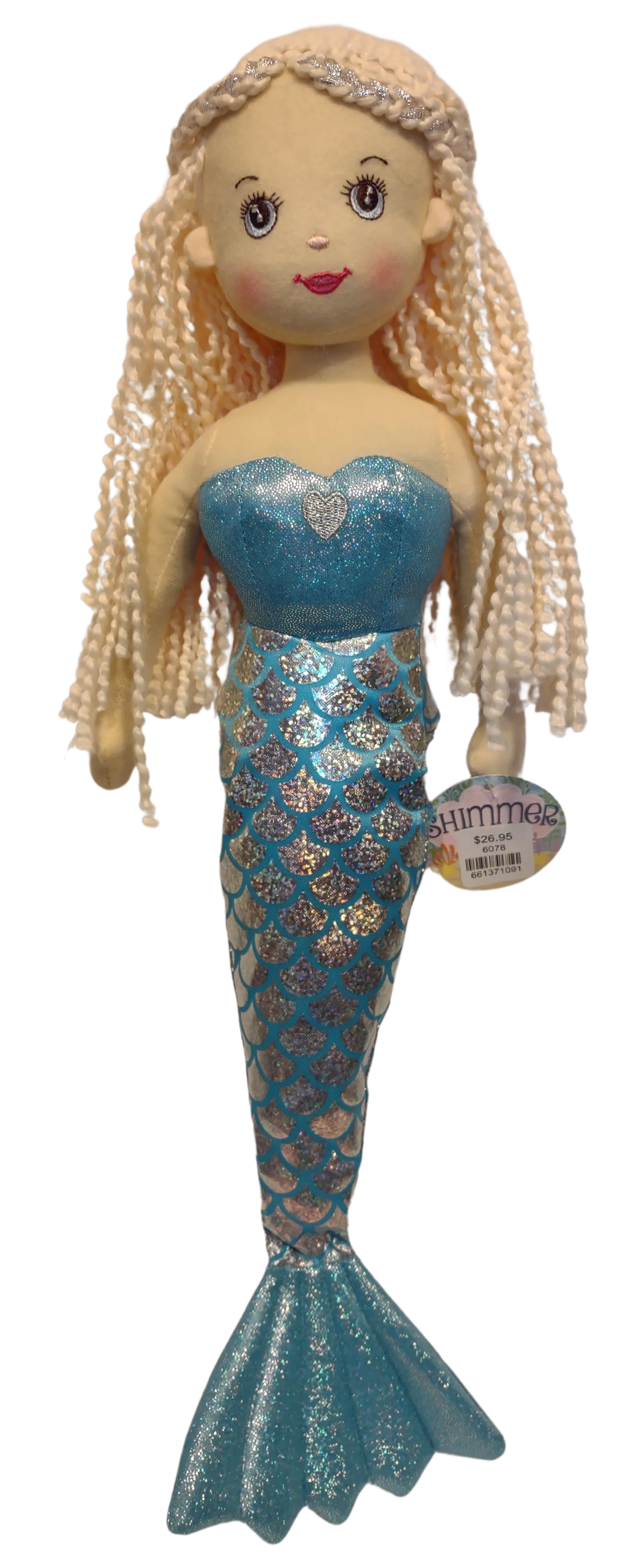 Plush Mermaid Doll with Light Pink Hair & Blue Tail 17"