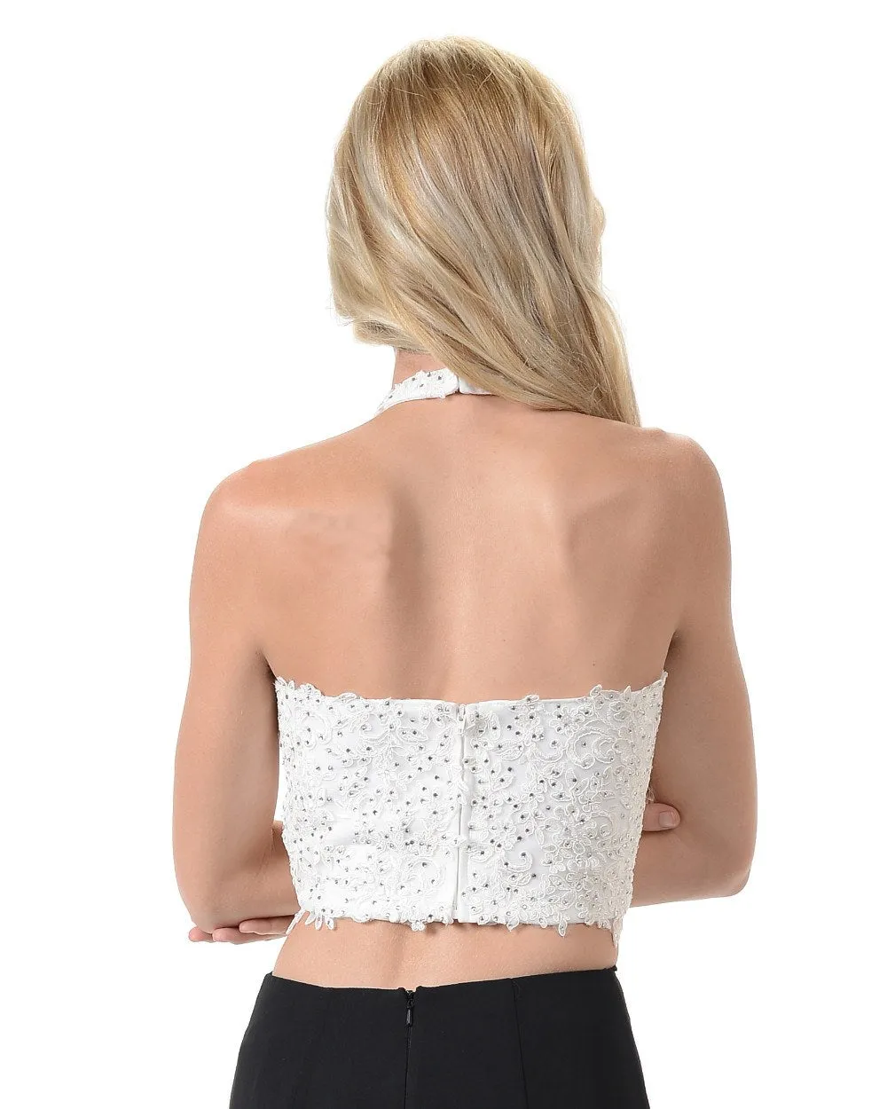 Poly USA T21 Lace Crop Top Halter Neckline Adorned With Stones