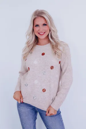 Pops of Glitter Adorned Knit Sweater - Oatmeal