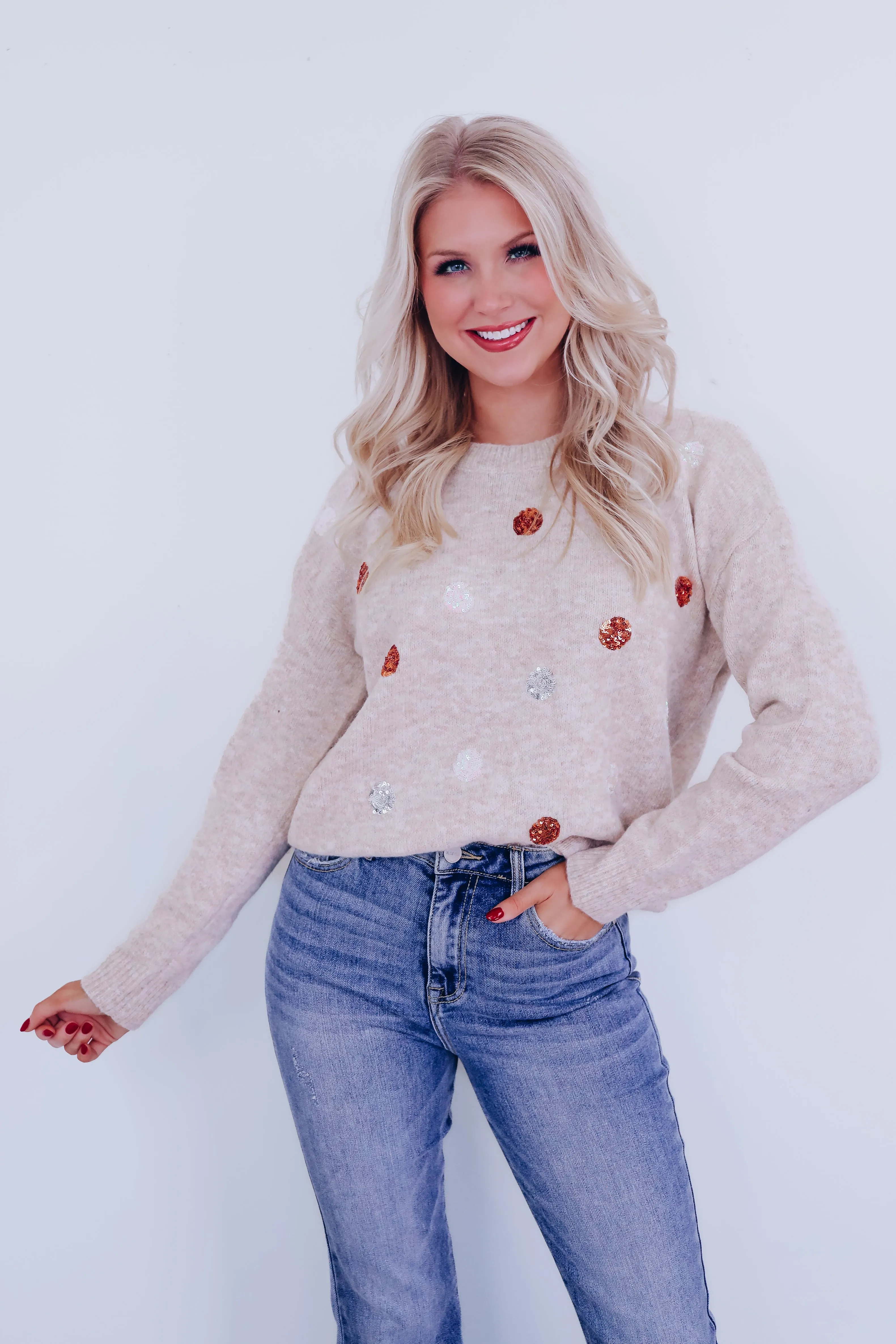 Pops of Glitter Adorned Knit Sweater - Oatmeal