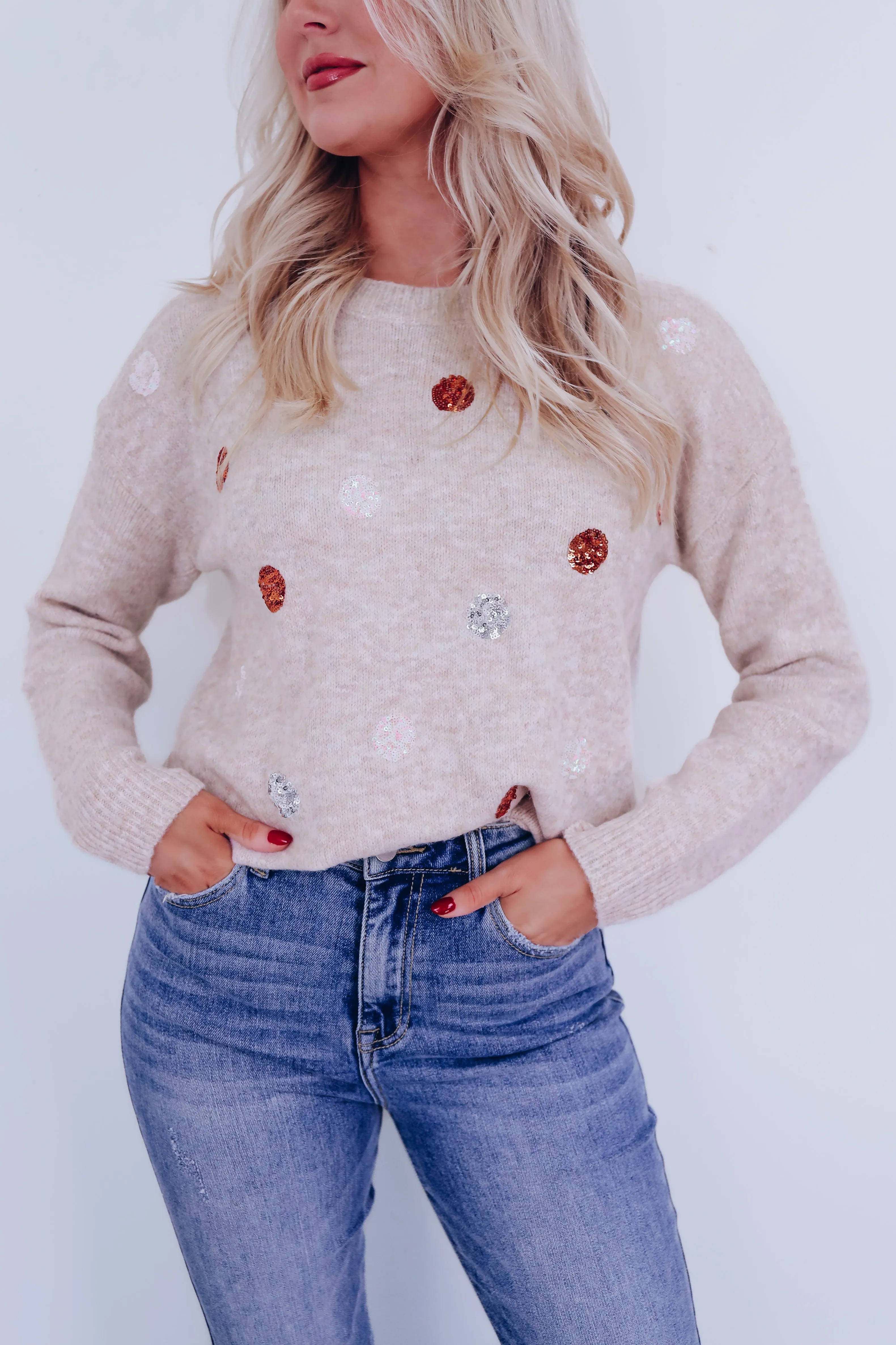 Pops of Glitter Adorned Knit Sweater - Oatmeal