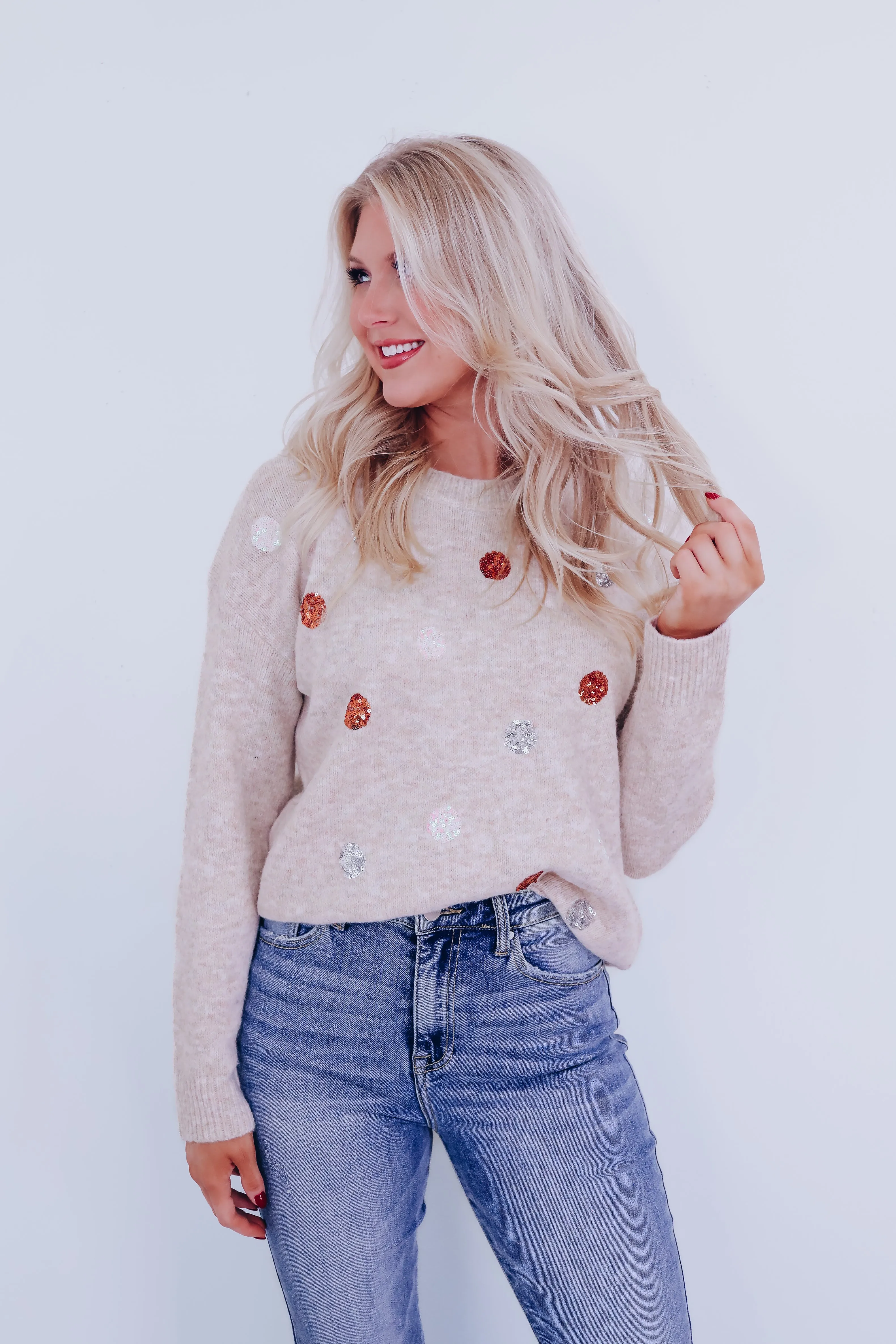 Pops of Glitter Adorned Knit Sweater - Oatmeal