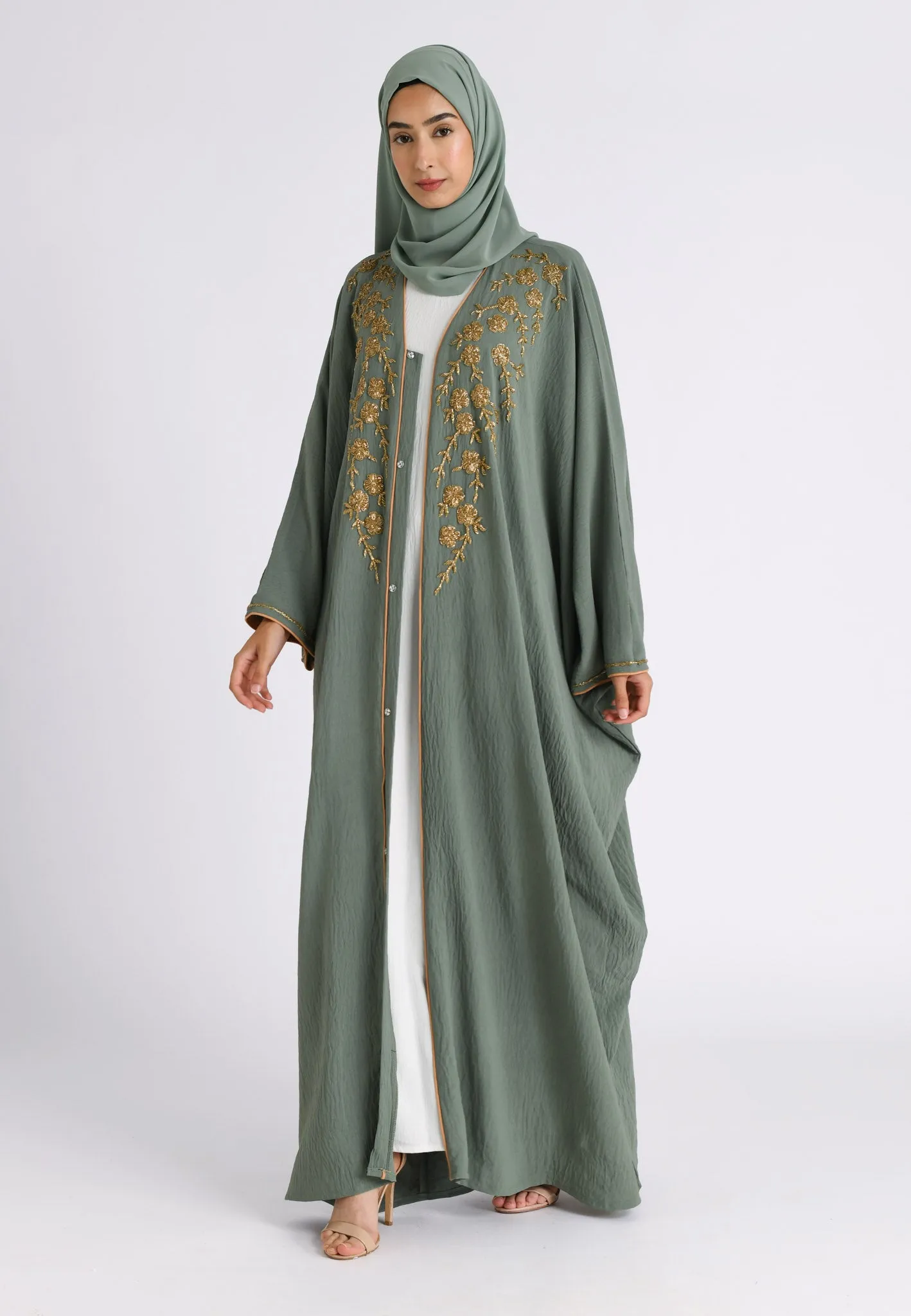 Premium Luxury Sage Green Embellished Open Farasha Abaya