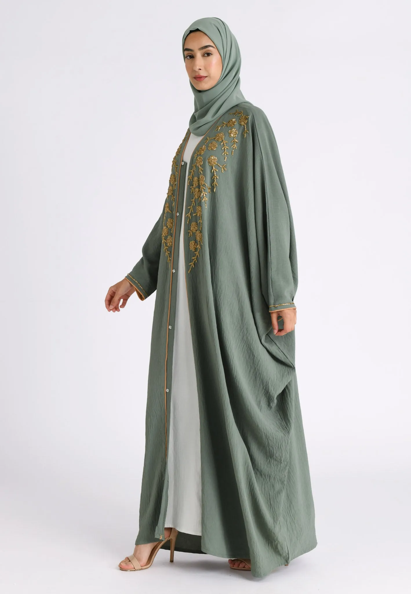Premium Luxury Sage Green Embellished Open Farasha Abaya