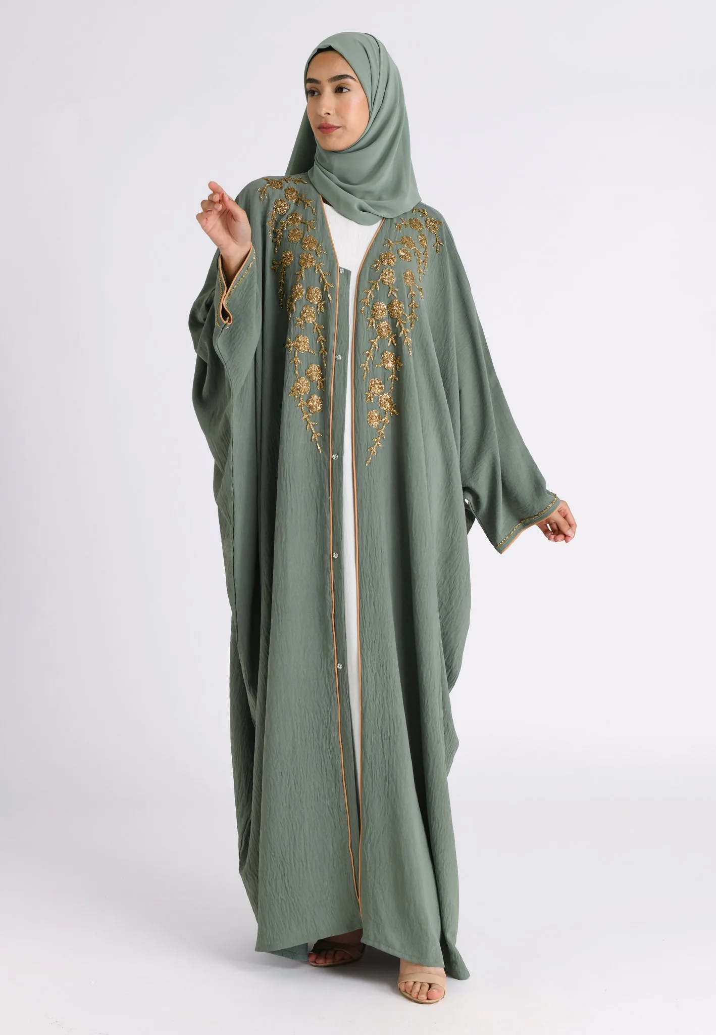 Premium Luxury Sage Green Embellished Open Farasha Abaya