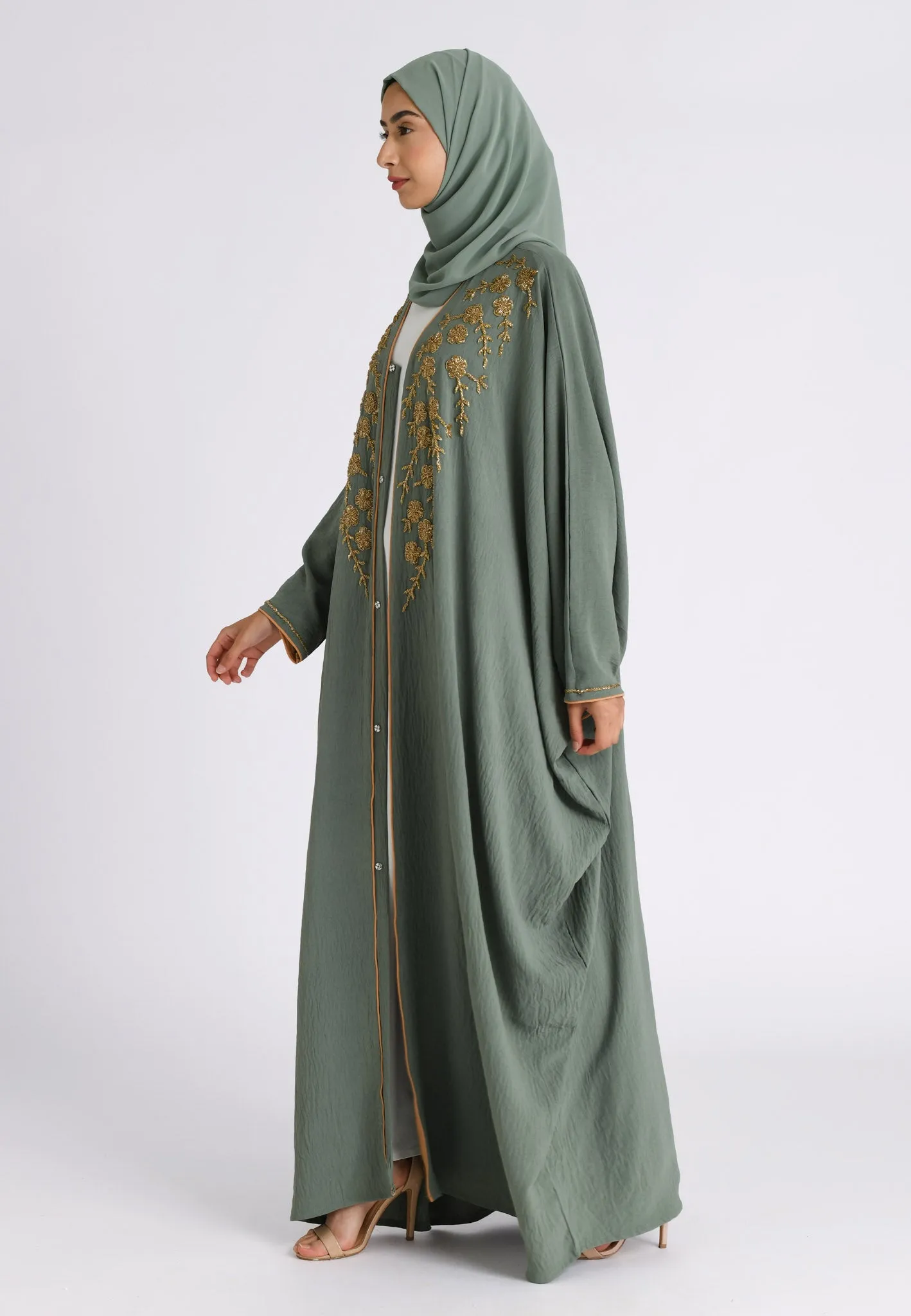 Premium Luxury Sage Green Embellished Open Farasha Abaya