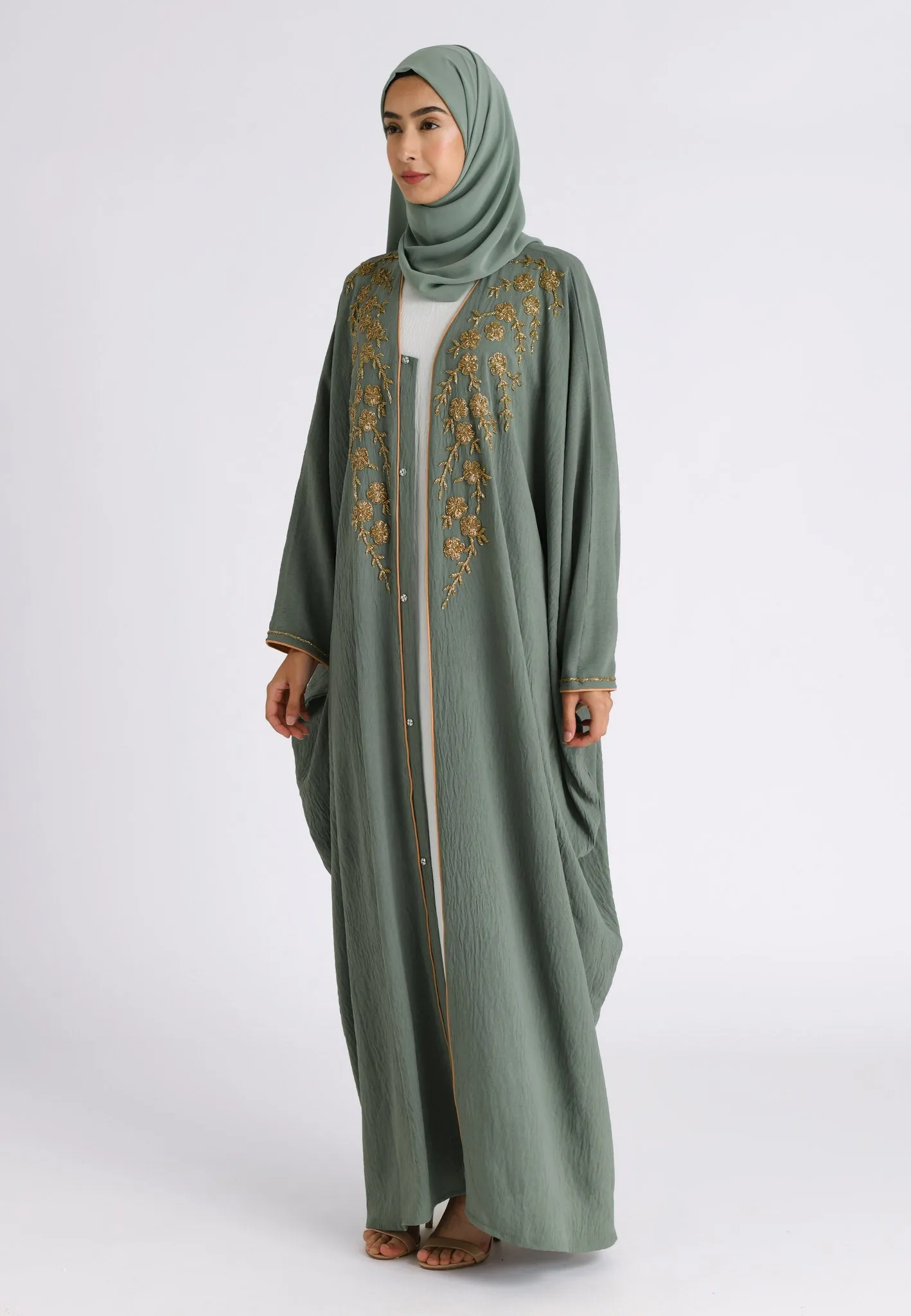 Premium Luxury Sage Green Embellished Open Farasha Abaya