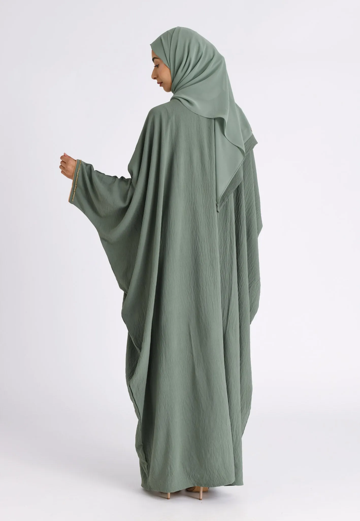 Premium Luxury Sage Green Embellished Open Farasha Abaya