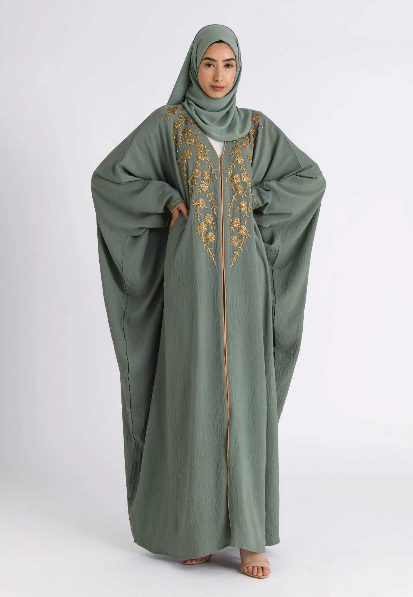 Premium Luxury Sage Green Embellished Open Farasha Abaya