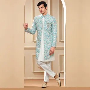 Princely White Indo Western  With Blue Patterned Long Jacket