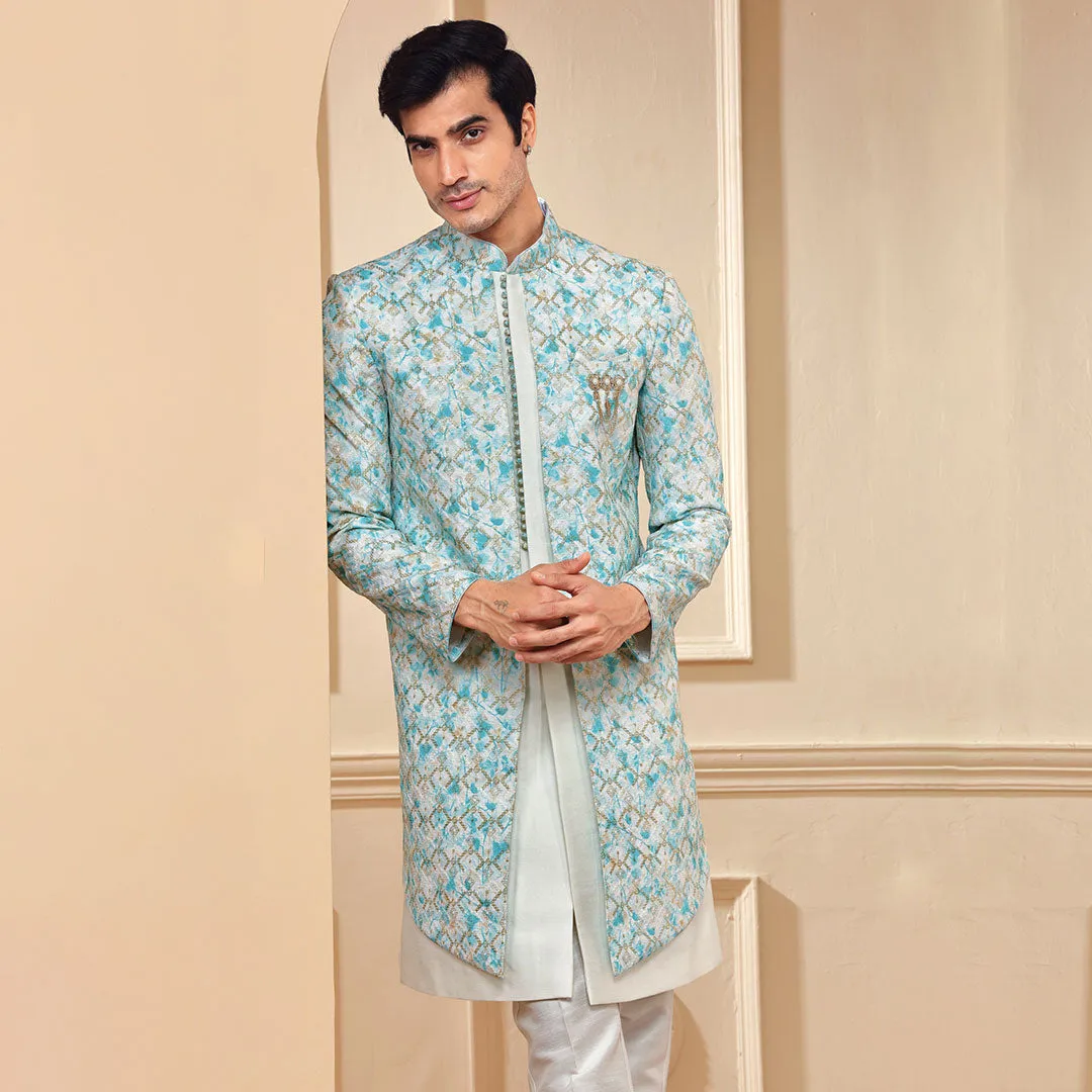 Princely White Indo Western  With Blue Patterned Long Jacket