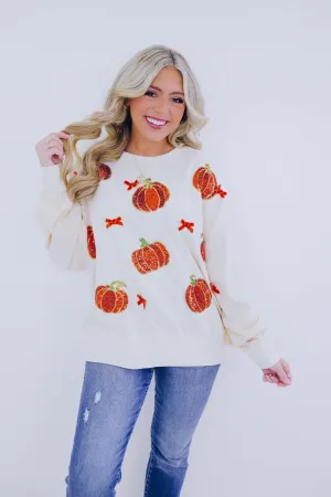 ***Pumpkin Sequin Patch And Bow Adorned Sweatshirt SAMPLE