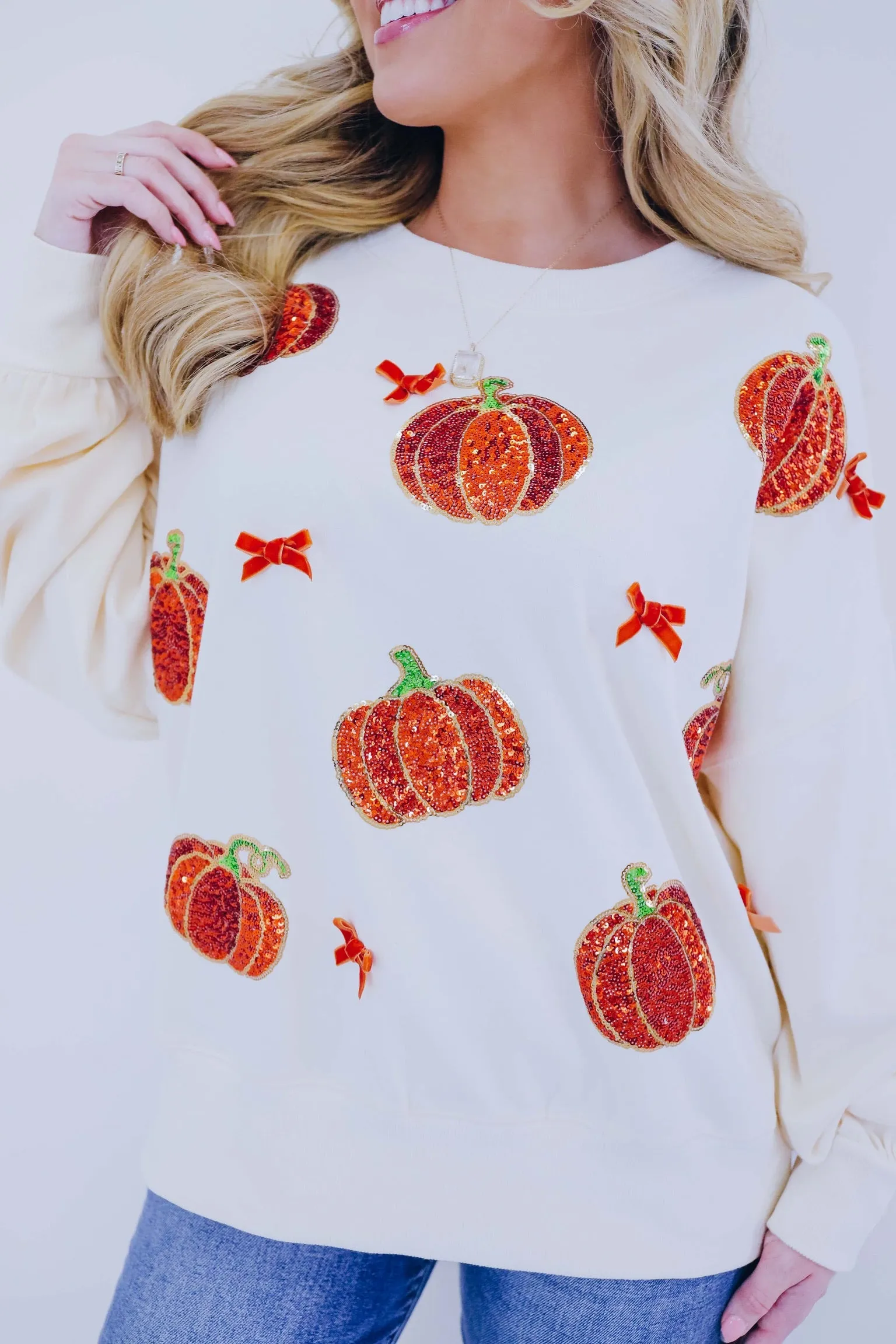 ***Pumpkin Sequin Patch And Bow Adorned Sweatshirt SAMPLE