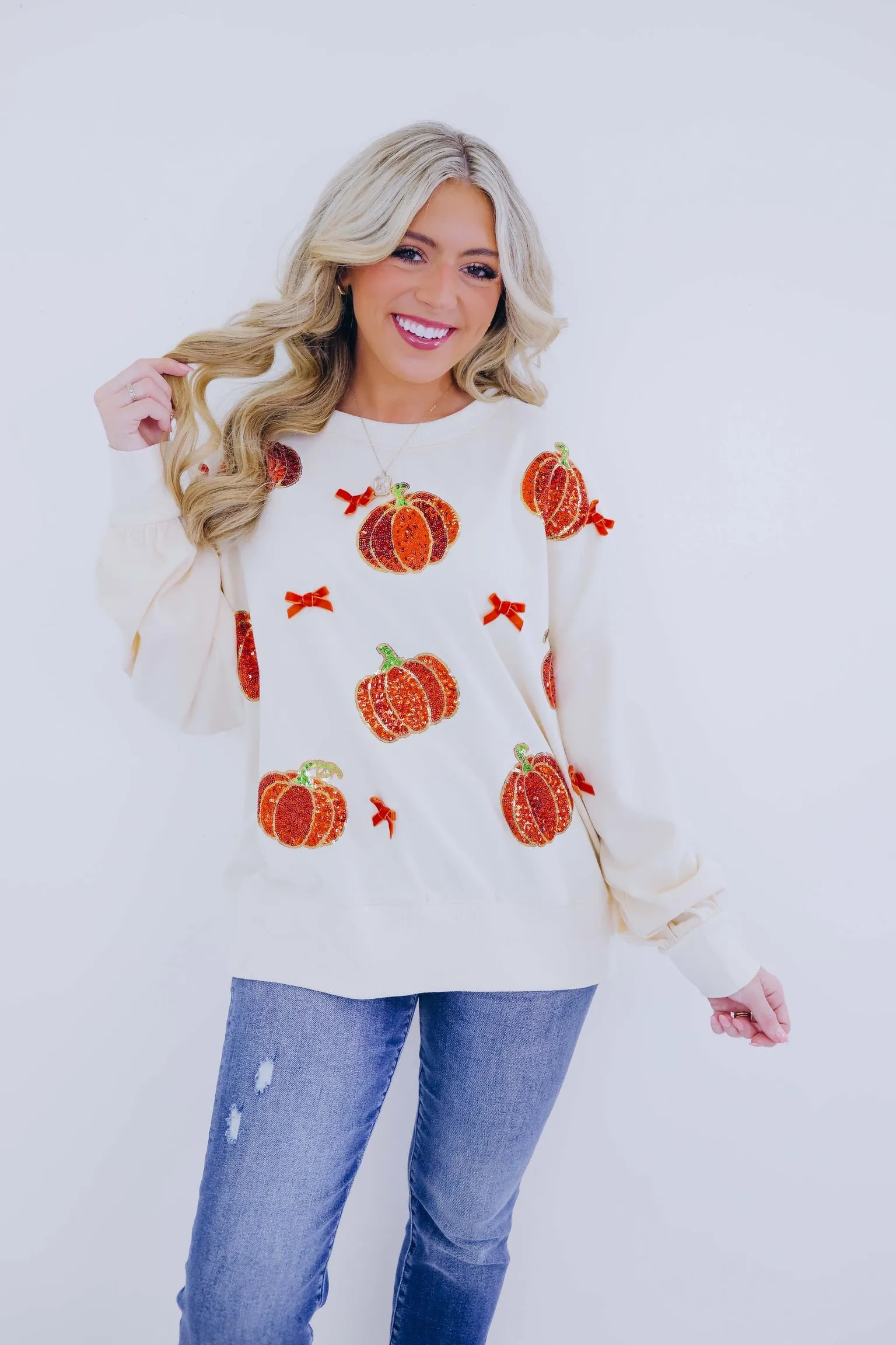 ***Pumpkin Sequin Patch And Bow Adorned Sweatshirt SAMPLE