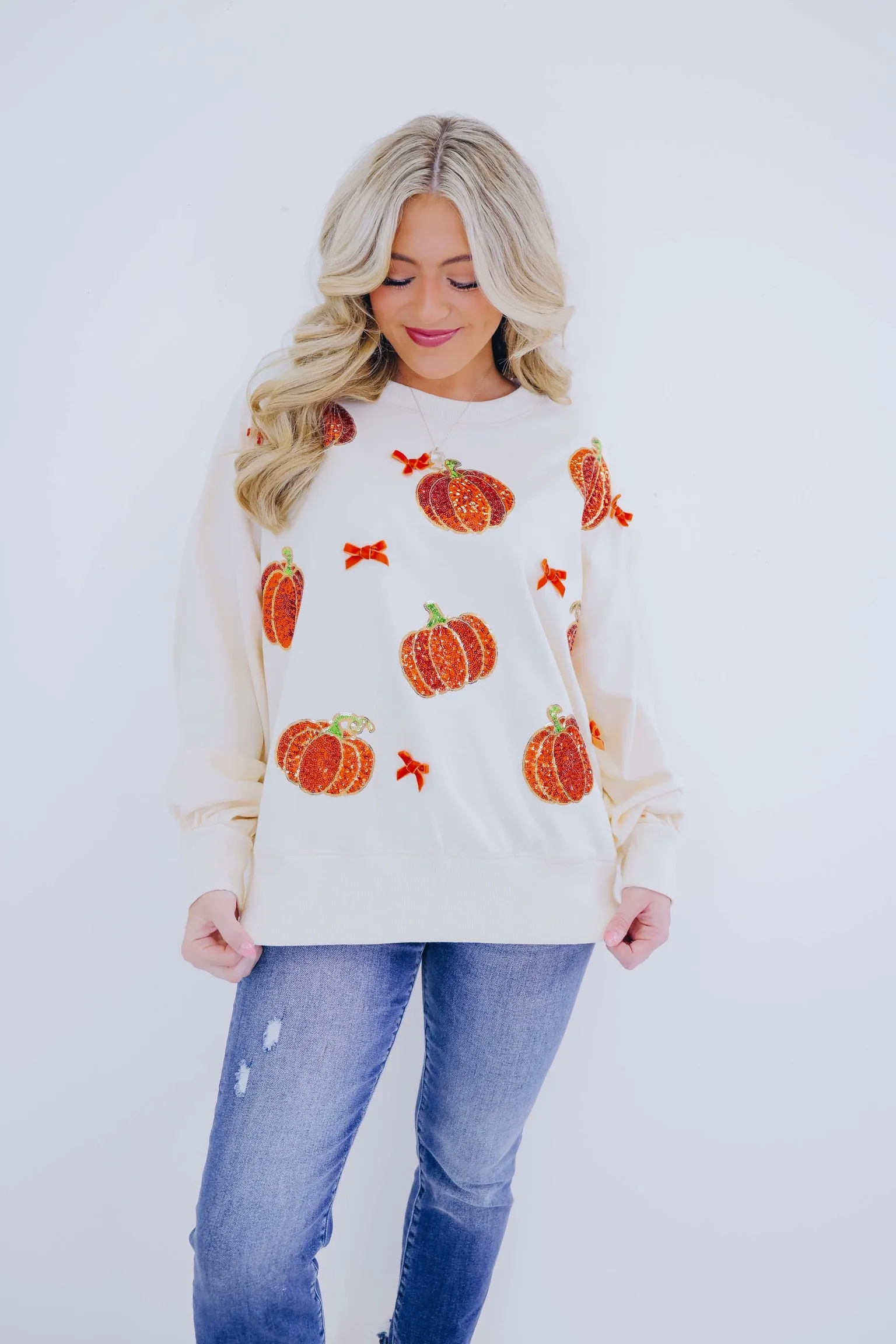 ***Pumpkin Sequin Patch And Bow Adorned Sweatshirt SAMPLE