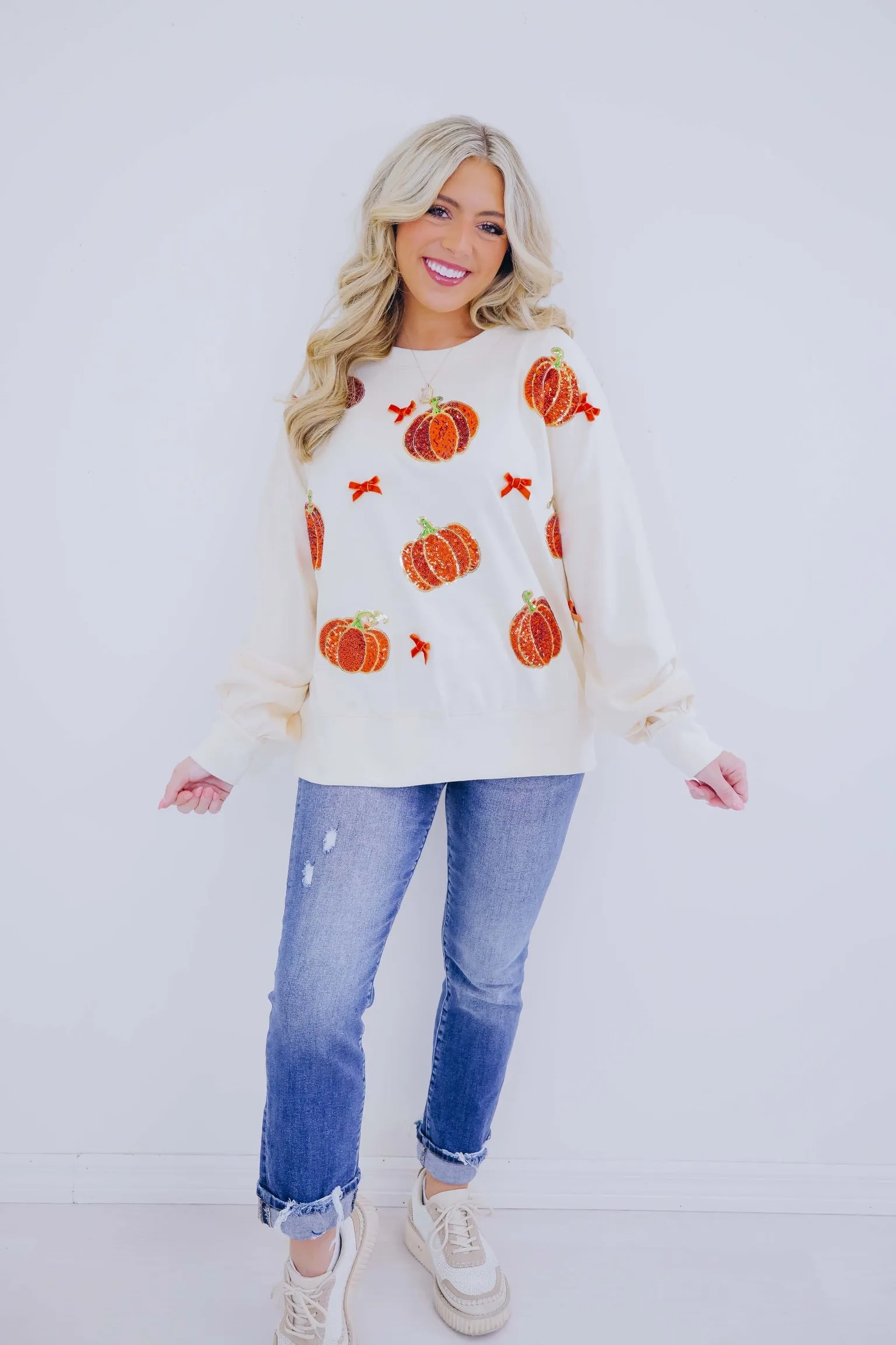 ***Pumpkin Sequin Patch And Bow Adorned Sweatshirt SAMPLE
