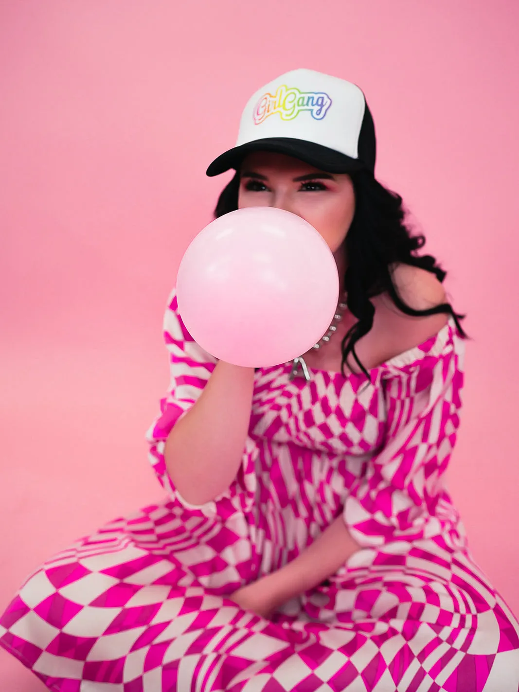 PUNK ROCK PRINCESS CHECKERED MIDI DRESS IN PARTY PINK