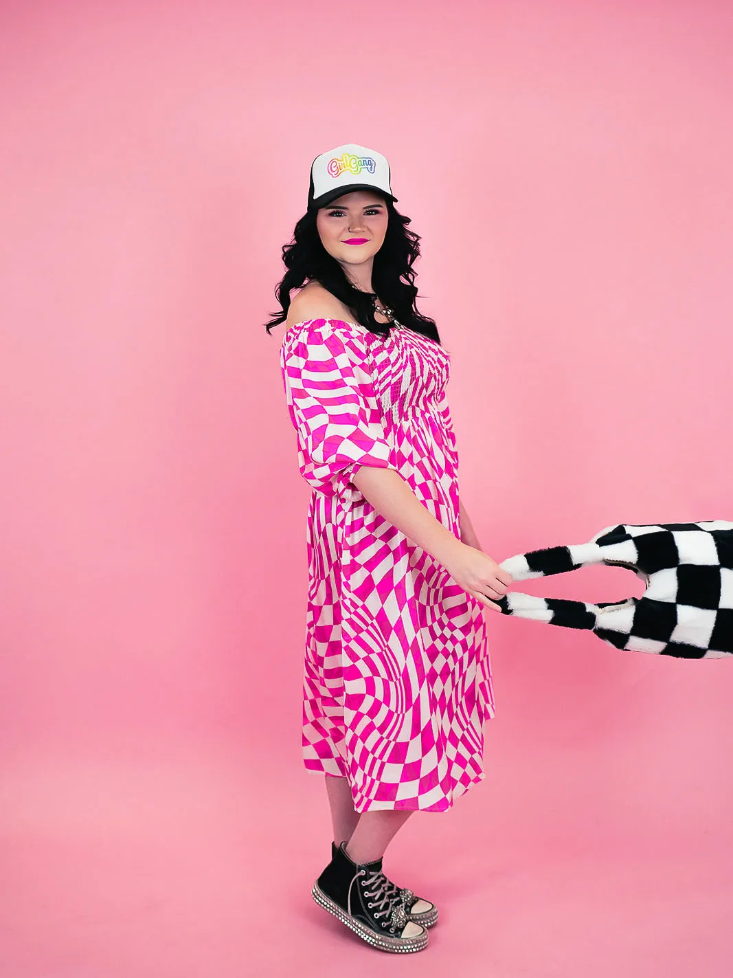 PUNK ROCK PRINCESS CHECKERED MIDI DRESS IN PARTY PINK