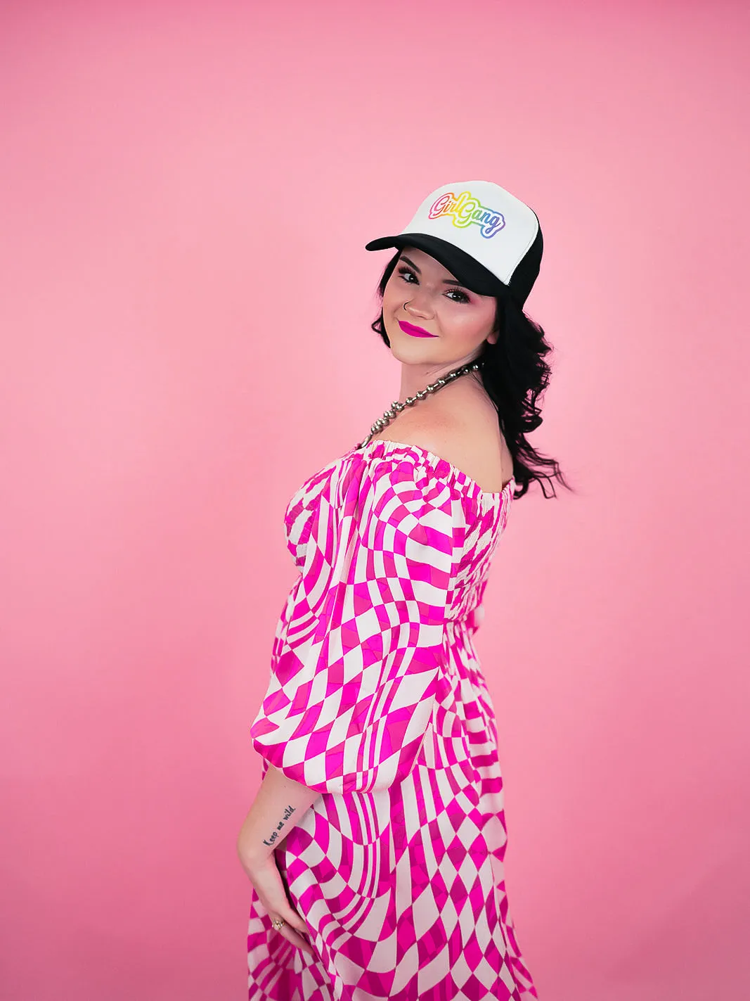 PUNK ROCK PRINCESS CHECKERED MIDI DRESS IN PARTY PINK