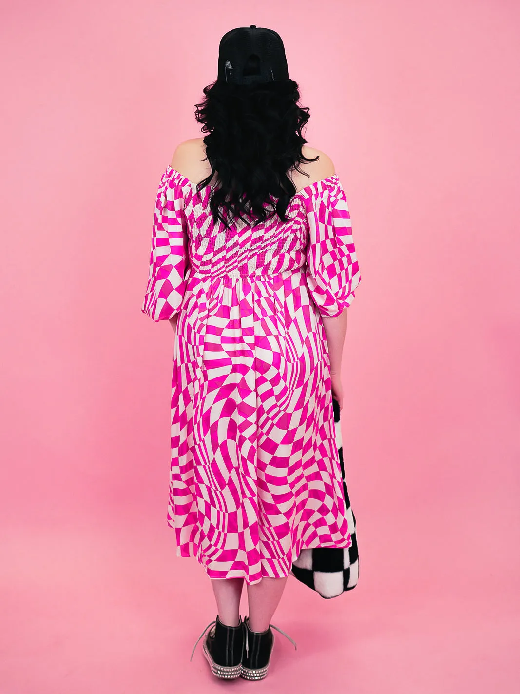 PUNK ROCK PRINCESS CHECKERED MIDI DRESS IN PARTY PINK