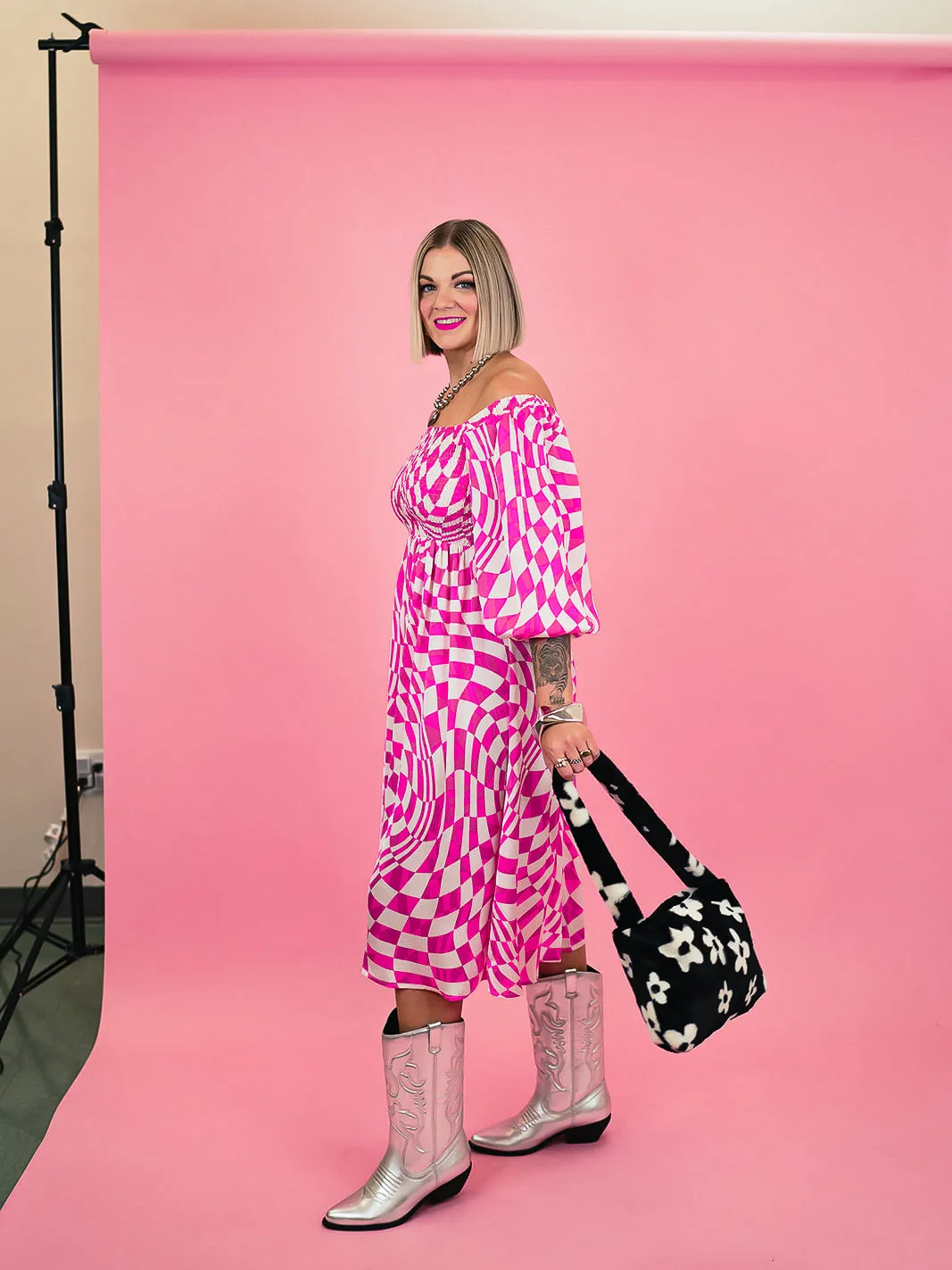 PUNK ROCK PRINCESS CHECKERED MIDI DRESS IN PARTY PINK