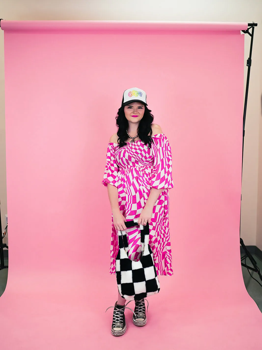 PUNK ROCK PRINCESS CHECKERED MIDI DRESS IN PARTY PINK