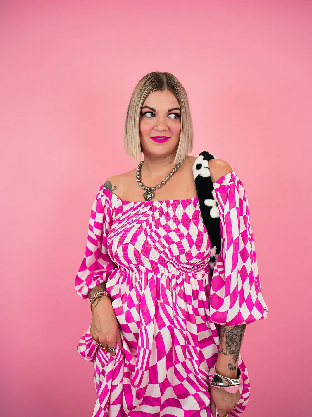 PUNK ROCK PRINCESS CHECKERED MIDI DRESS IN PARTY PINK