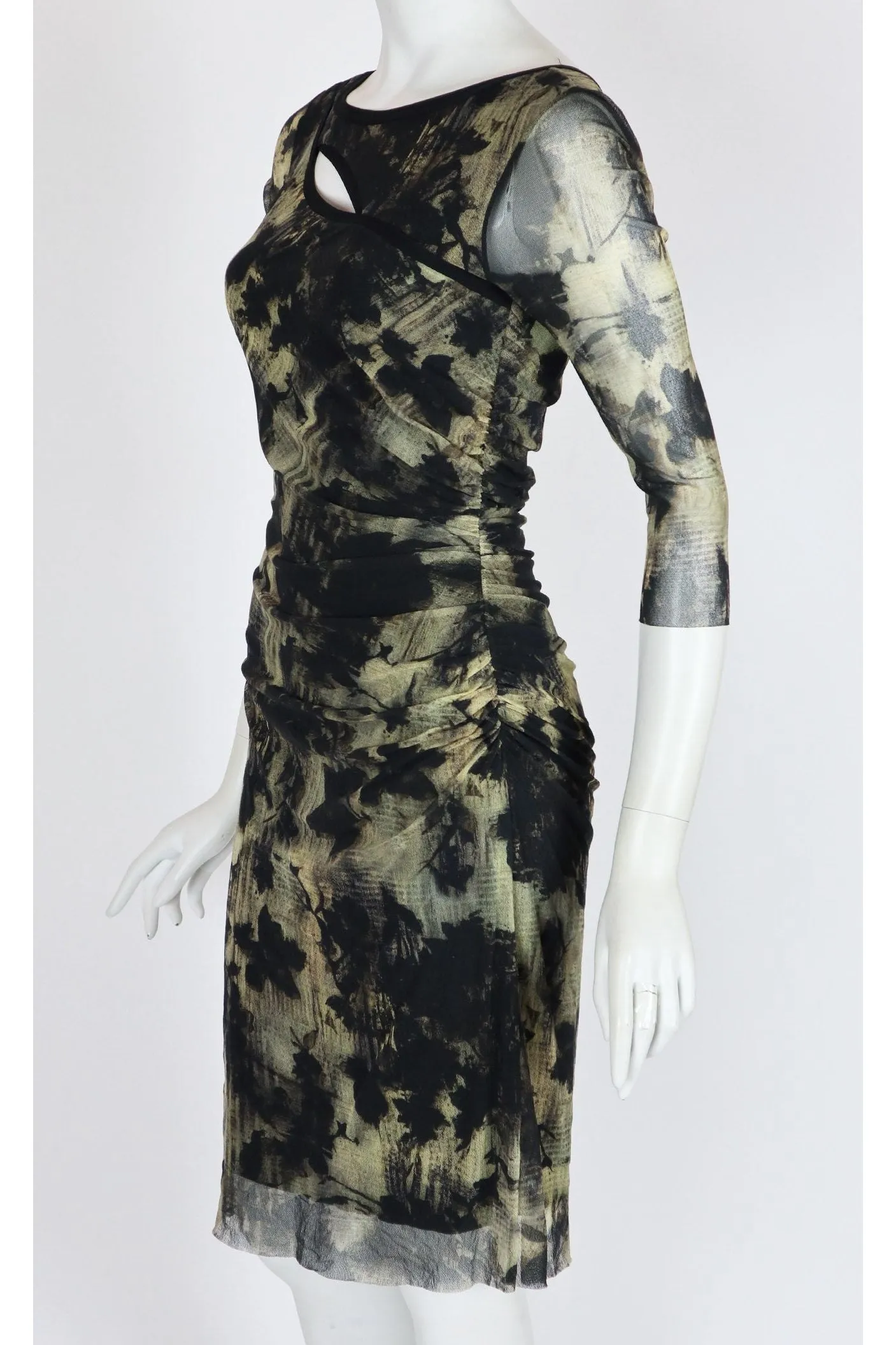 QUEEN Ruched 3/4 Sleeve Keyhole Neckline Knee Length Print Dress