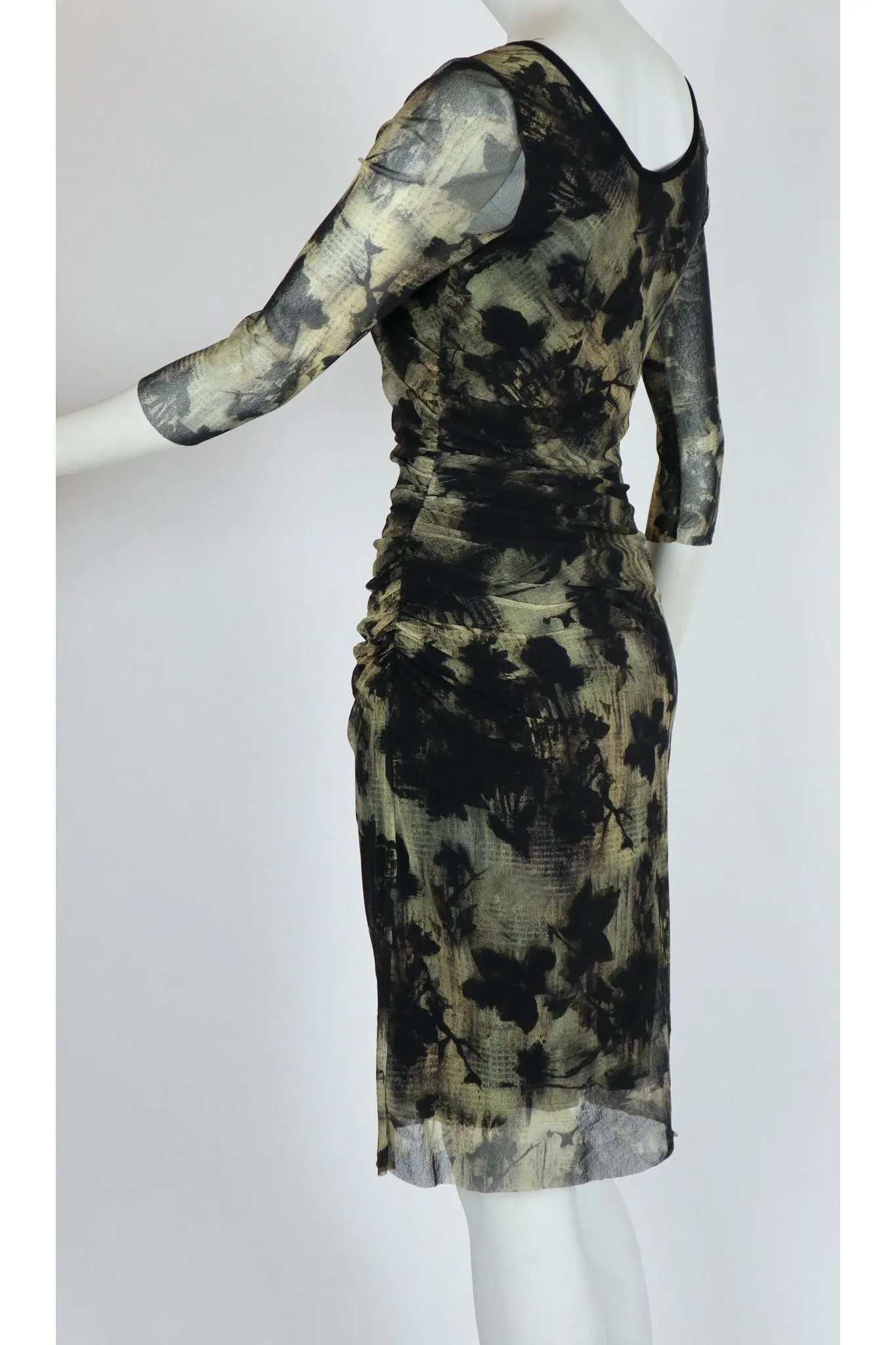 QUEEN Ruched 3/4 Sleeve Keyhole Neckline Knee Length Print Dress