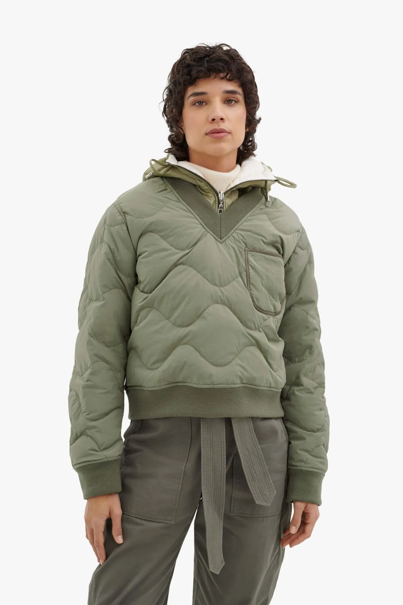 Quilted Down V Neck Sweater - Eucalyptus / Moss