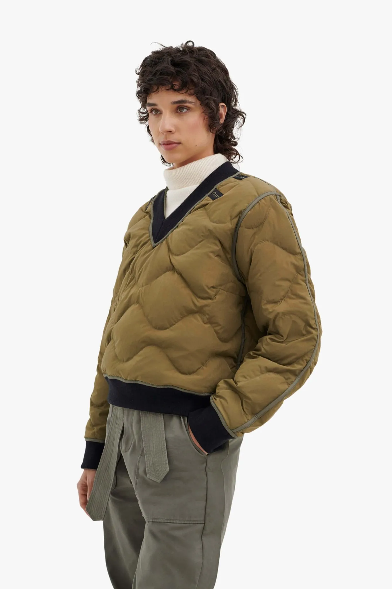 Quilted Down V Neck Sweater - Eucalyptus / Moss