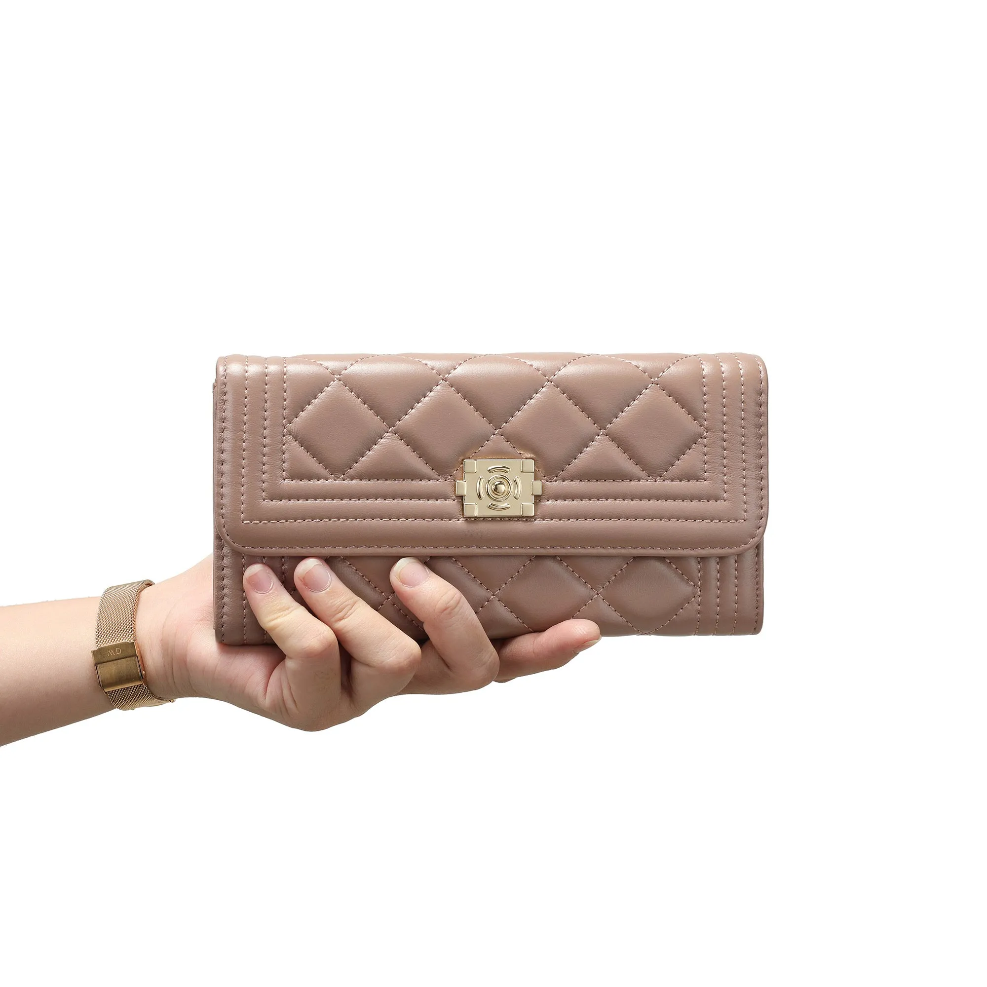 Quilted Sheepskin Leather Long Wallet