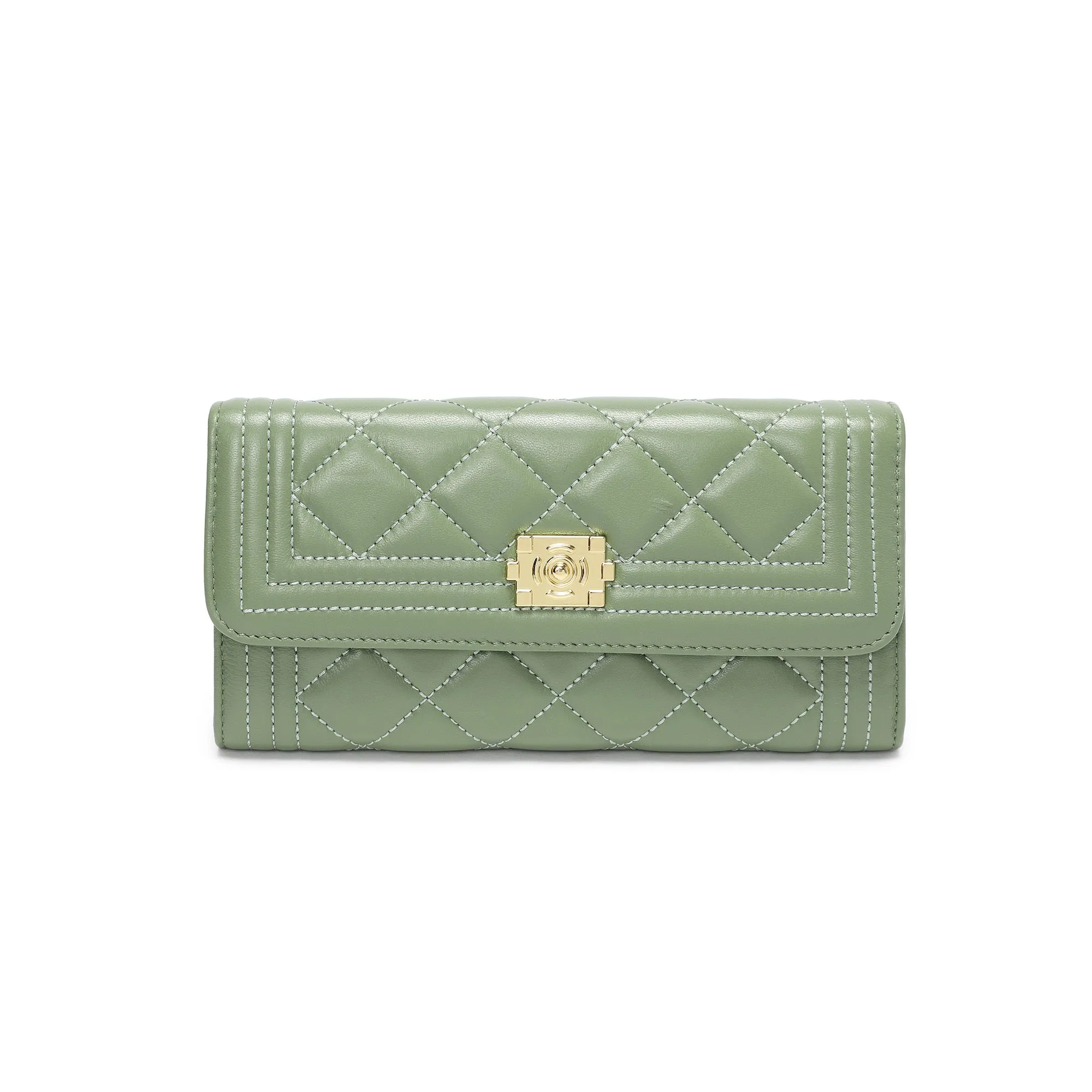 Quilted Sheepskin Leather Long Wallet