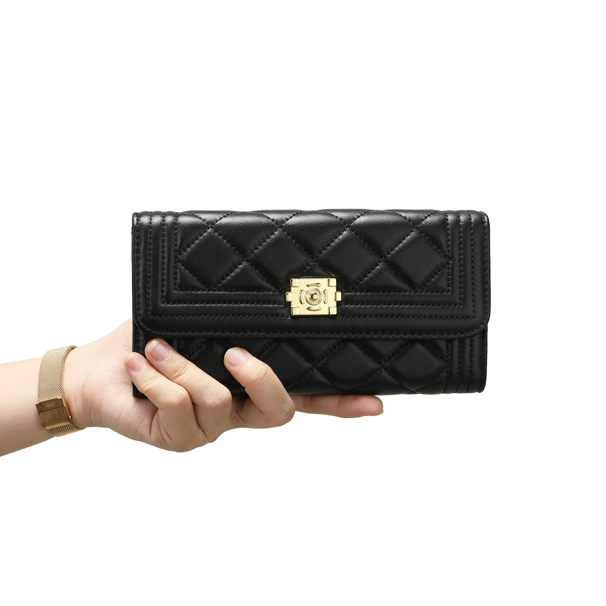 Quilted Sheepskin Leather Long Wallet