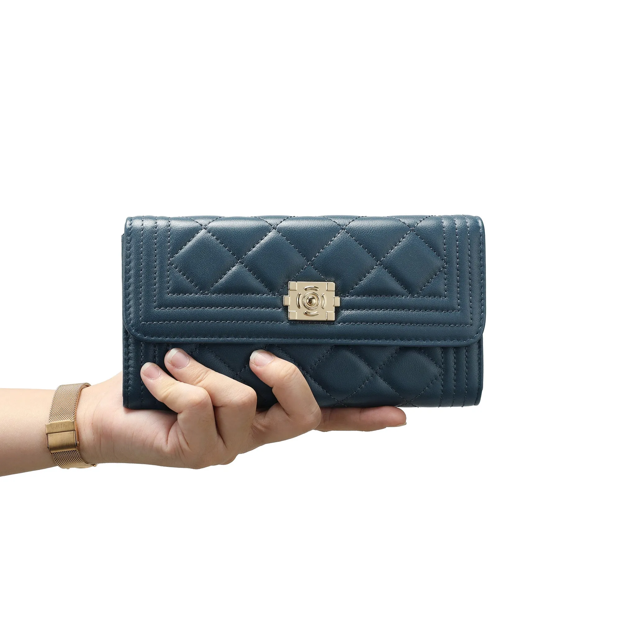 Quilted Sheepskin Leather Long Wallet