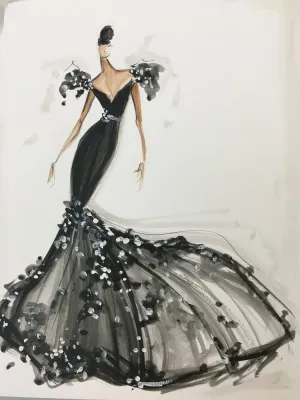 "Embellished Trumpet Gown" - Sketch Print